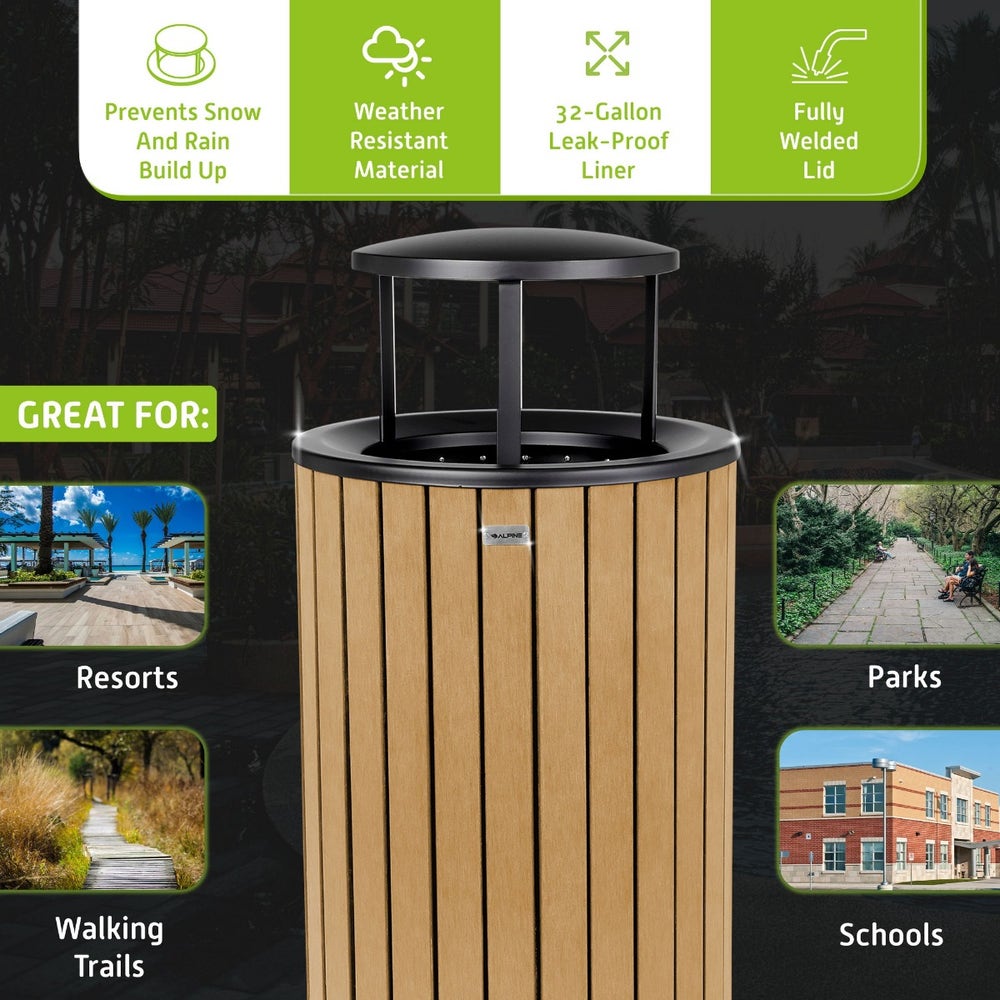 Alpine ALP4400-01-CD-RB Round 32-Gallon Outdoor Trash Can with Recycled Plastic Panels and Rain Bonnet Lid， Cedar