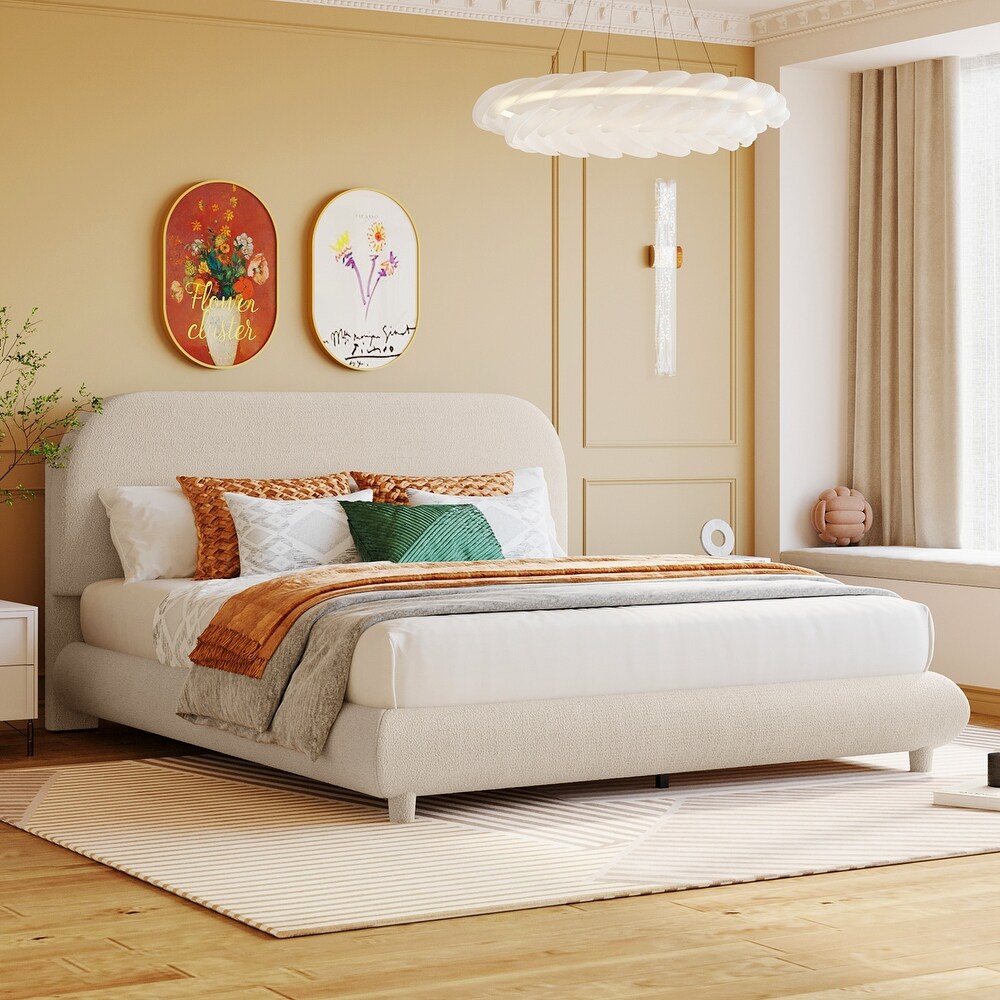 Stylish Curve shaped Design Upholstered Platform Bed with Thick Fabric and Solid Frame