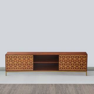 THE URBAN PORT Kalyn Brown and Brass Acacia Wood Handcrafted TV Media Console Entertainment Center Fits TVs up to 78 in. with 2 Doors UPT-276810