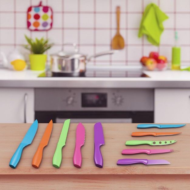 Knife Set Colorful 10 piece Stainless steel Cutting Knives With 21 5 inch long Magnetic Knife Holder For Storage And Organization By Classic Cuisine