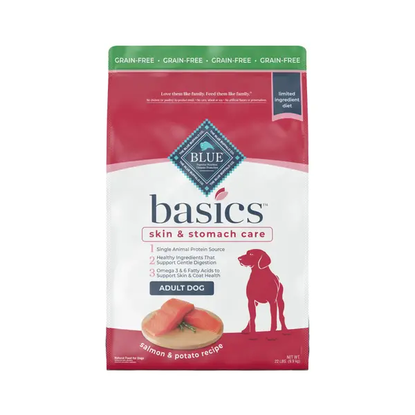 Blue Buffalo Basics 22 lb Skin and Stomach Care， Salmon and Potato， Grain Free Natural Adult Dry Dog Food