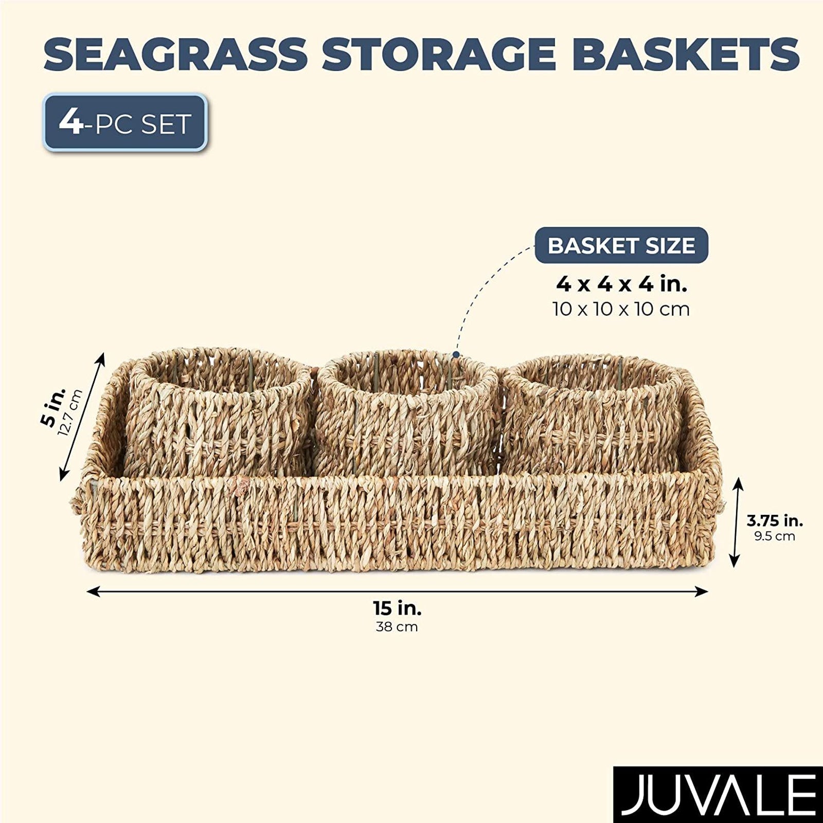 Set of 3 Wicker Round Storage Baskets for Shelves with Rectangular Seagrass Tray, Brown