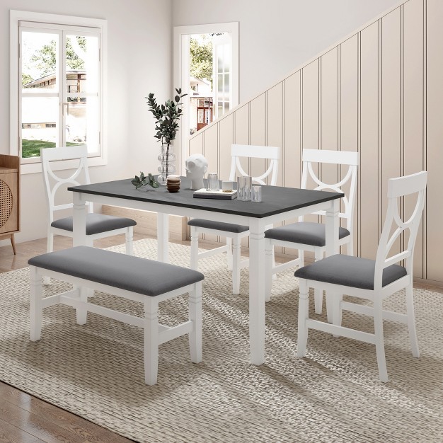 6 Pcs Farmhouse Wood Dining Table Set With Table And Upholstered Chairs modernluxe