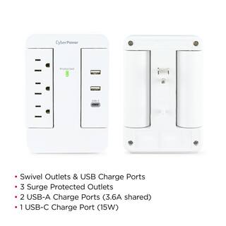 CyberPower 2 USB-A 1 USB-C 3-Outlet Wall Tap P3WSUC