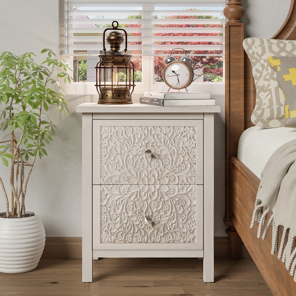 COZAYH Farmhouse Fully Assembled Nightstand with 2 Drawer  Flower Motif End Table for Small Spaces  French Country