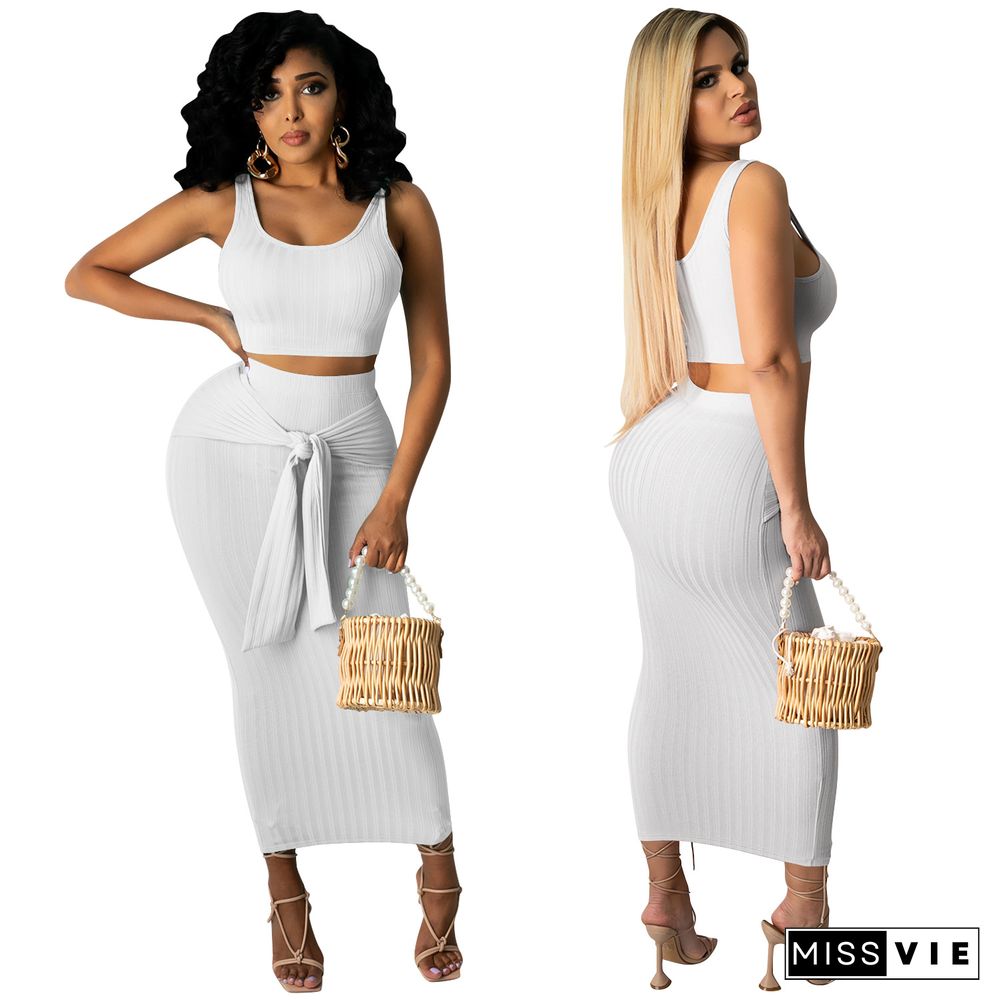 Women Summer Clothing Solid Sleeveless Vest Crop Top Bodycon Long Skirts Sexy Club Party Two Piece Set