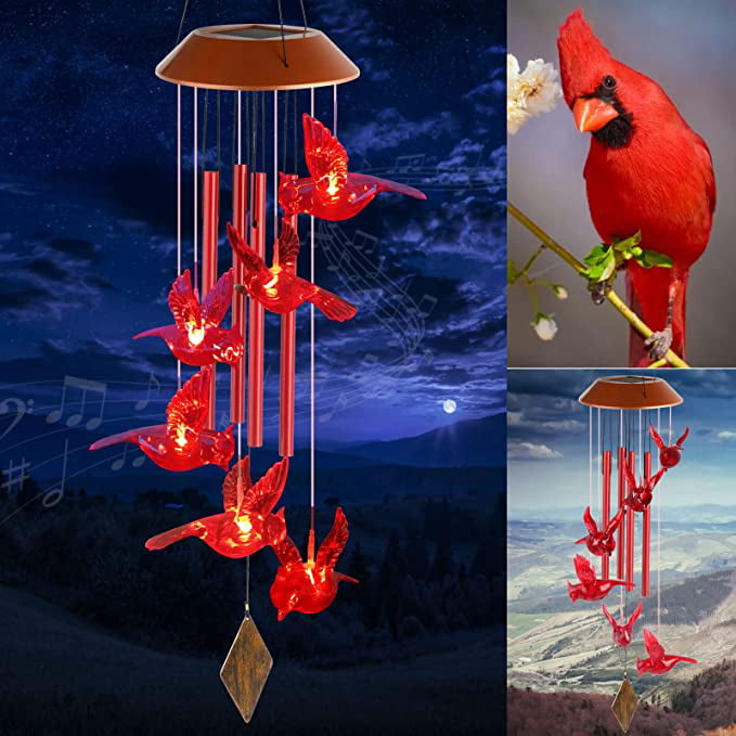 Kyoryuger Solar Cardinal hanging Wind Chimes， Solar Powered Cardinal LED Light，for Outdoor Indoor decor(Red Cardinal）