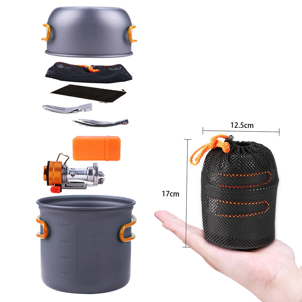 Outdoor Camping Hiking Cookware with Mini Camping Piezoelectric Ignition Backpacking Cooking Picnic Pot Set Cook Set With Fork and Spoon