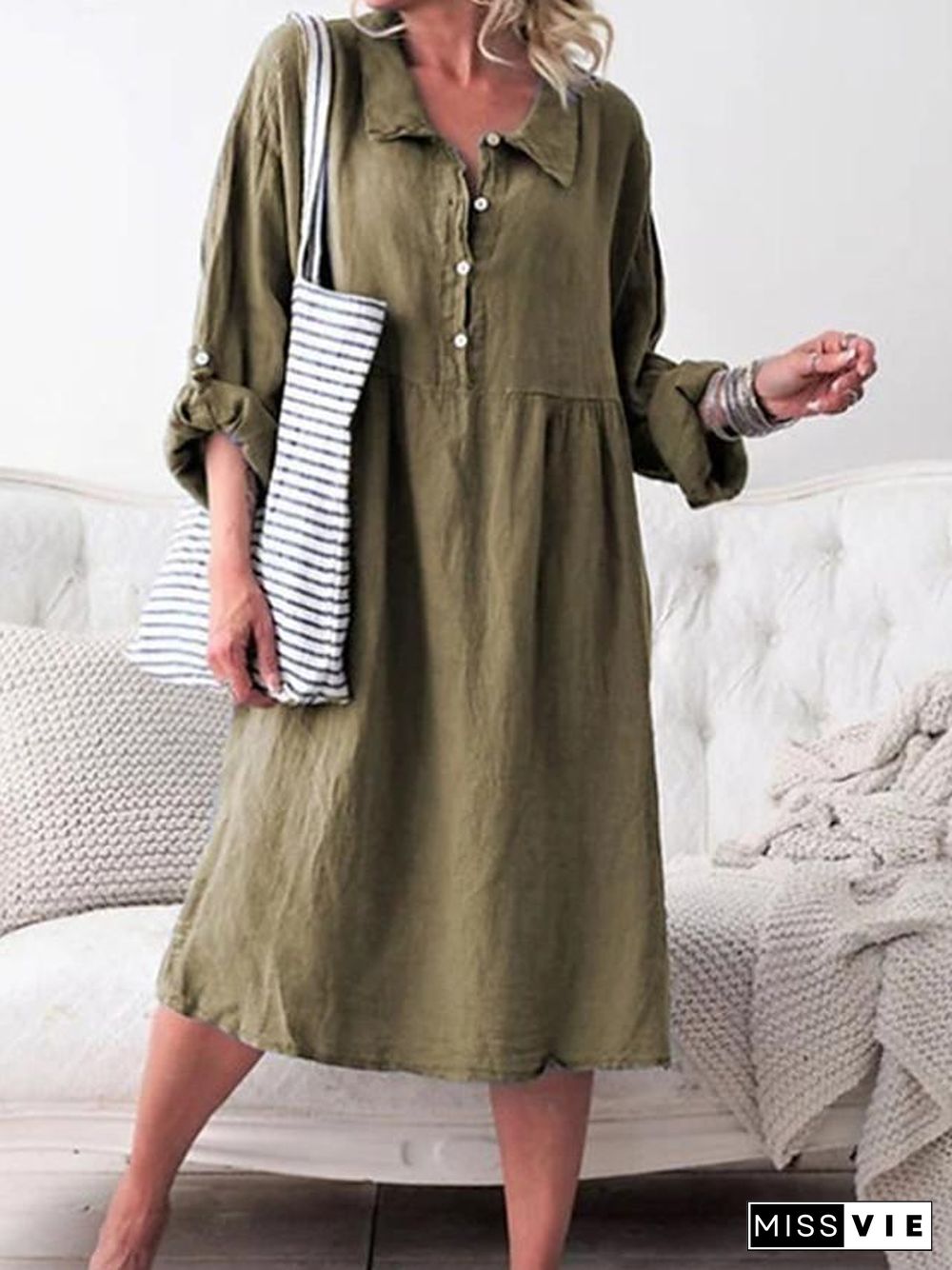 Women's Shirt Dress Midi Dress - Long Sleeve Solid Color Shirt Collar Hot Denim Blue Purple Army Green Orange Khaki S M L XL XXL Linen