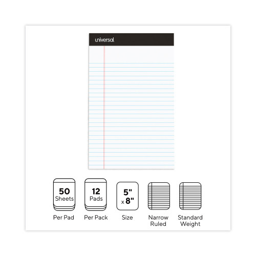 Universal Premium Ruled Writing Pads， Narrow Rule， 5 x 8， White， 50 Sheets， 12/Pack (57300)