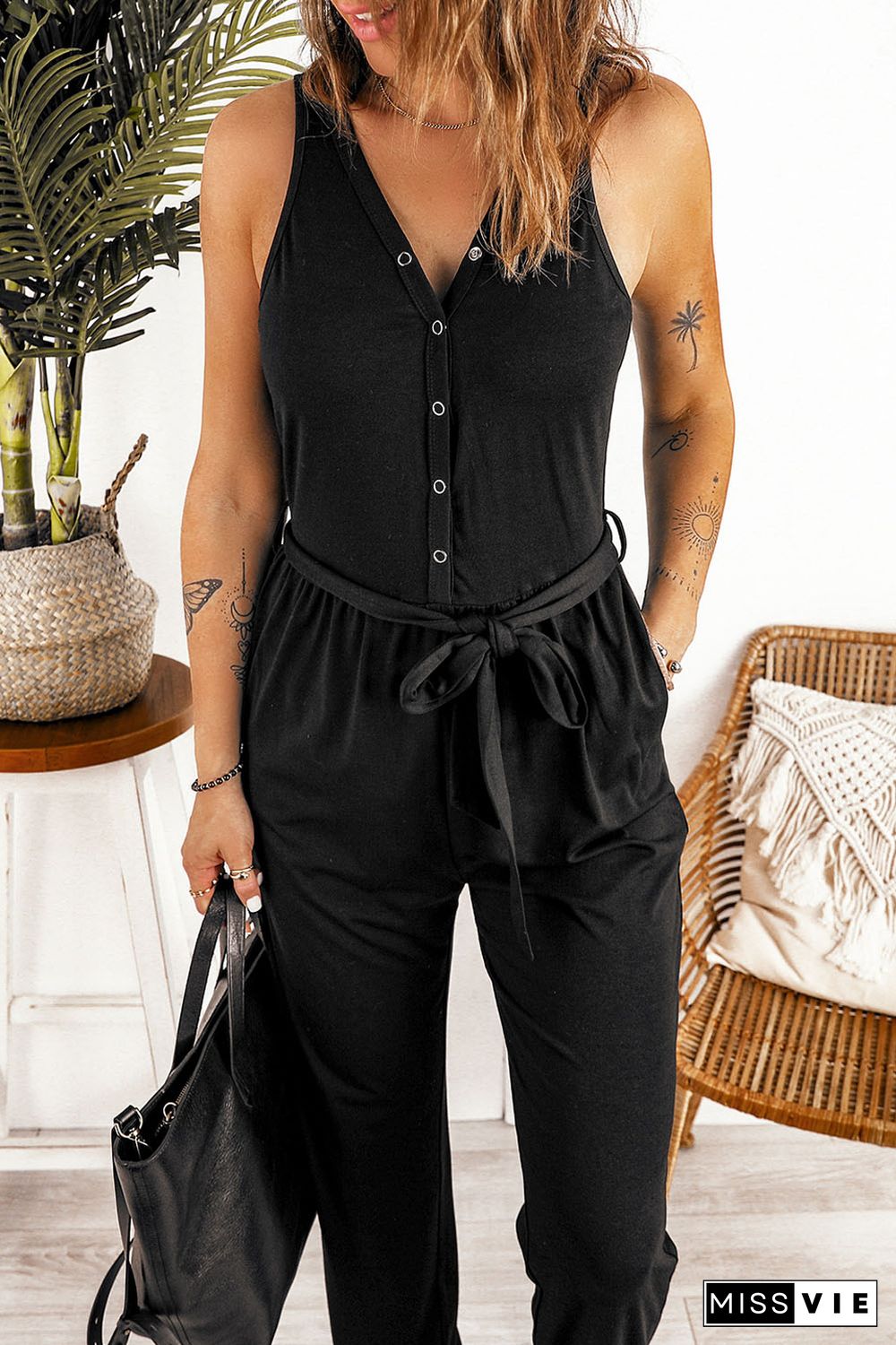 Black Buttons V Neck Slim-fit Lace-up High Waist Jumpsuit