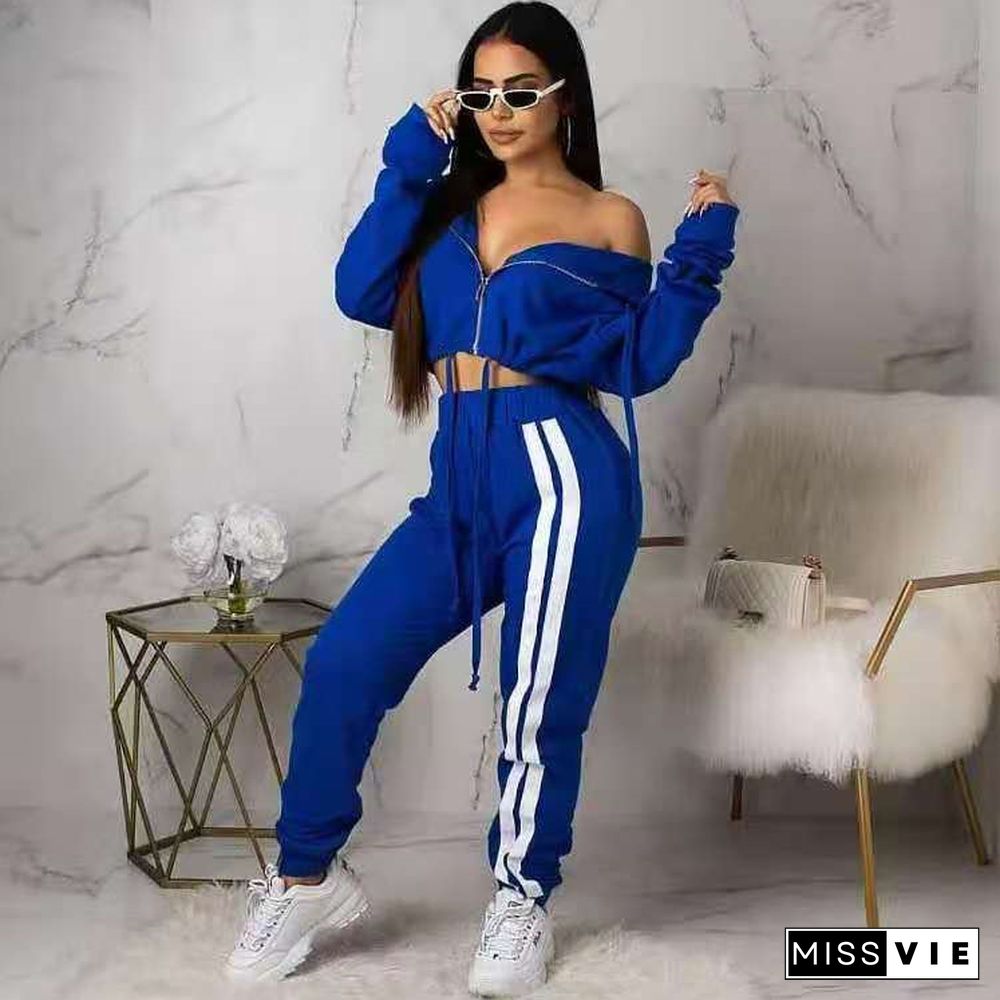 Solid Color Long Sleeve Zipper Hooded Crop Top Sweatpants Suit