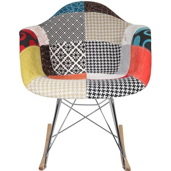 Modern Plastic Rocking Chair Armchair with Arm Patchwork Fabric Natural Wood Rockers Dining