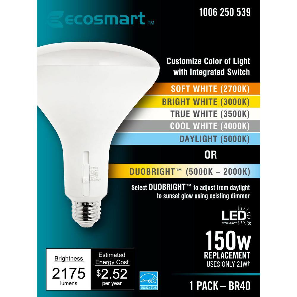 EcoSmart 150-Watt Equivalent BR40 CEC Dimmable LED Light Bulb with Selectable Color Temperature Plus DuoBright (1-Pack) A20BR40150T2001