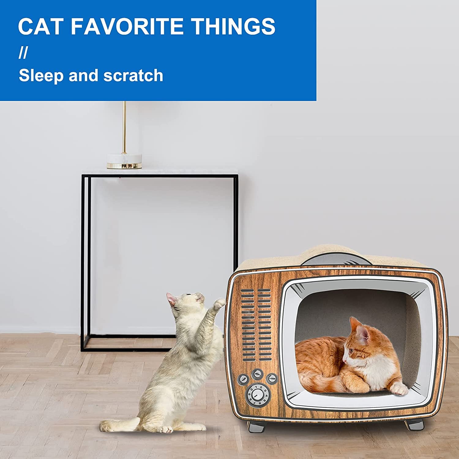 ScratchMe TV Cat Scratcher Cardboard Lounge Bed， Cat Scratching Board， Durable Board Pads Prevents Furniture Damage， Wood