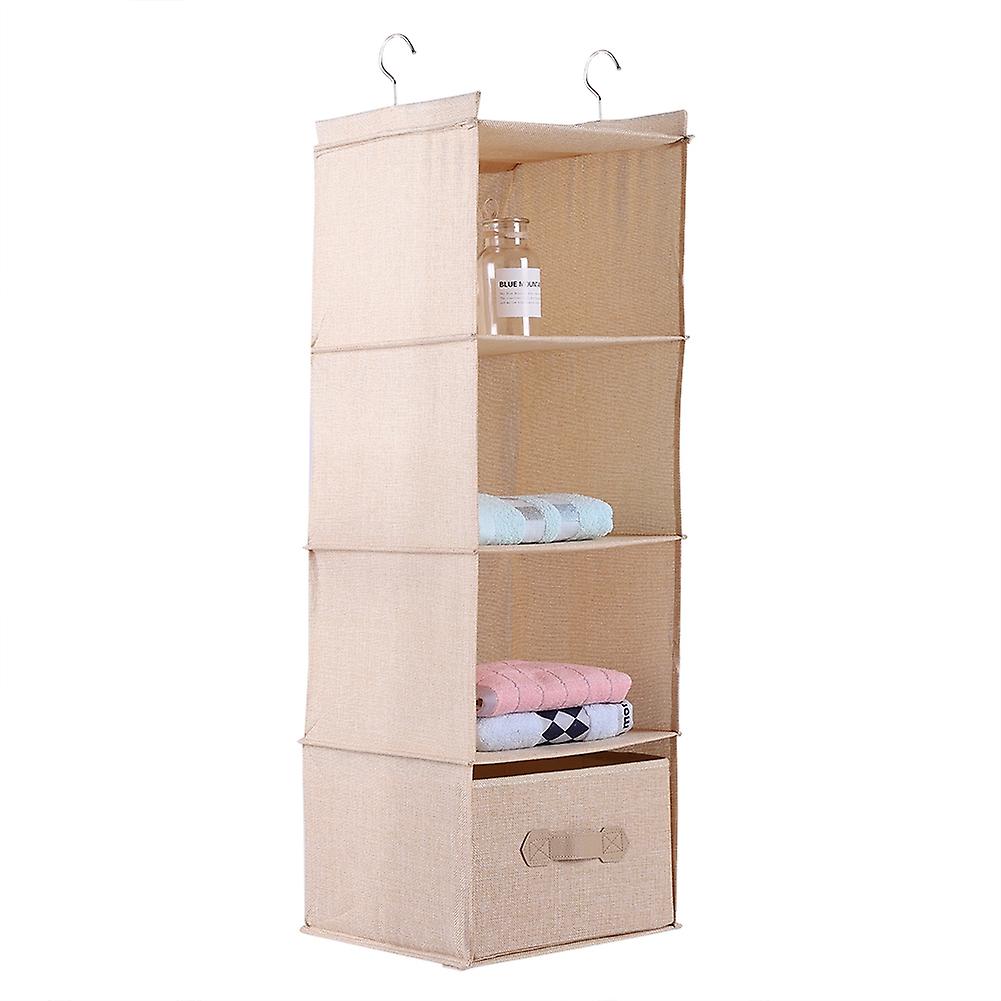 Hanging Closet Organizer Clothes Clothing Storage Holder 4 Shelves with Drawer (Beige)