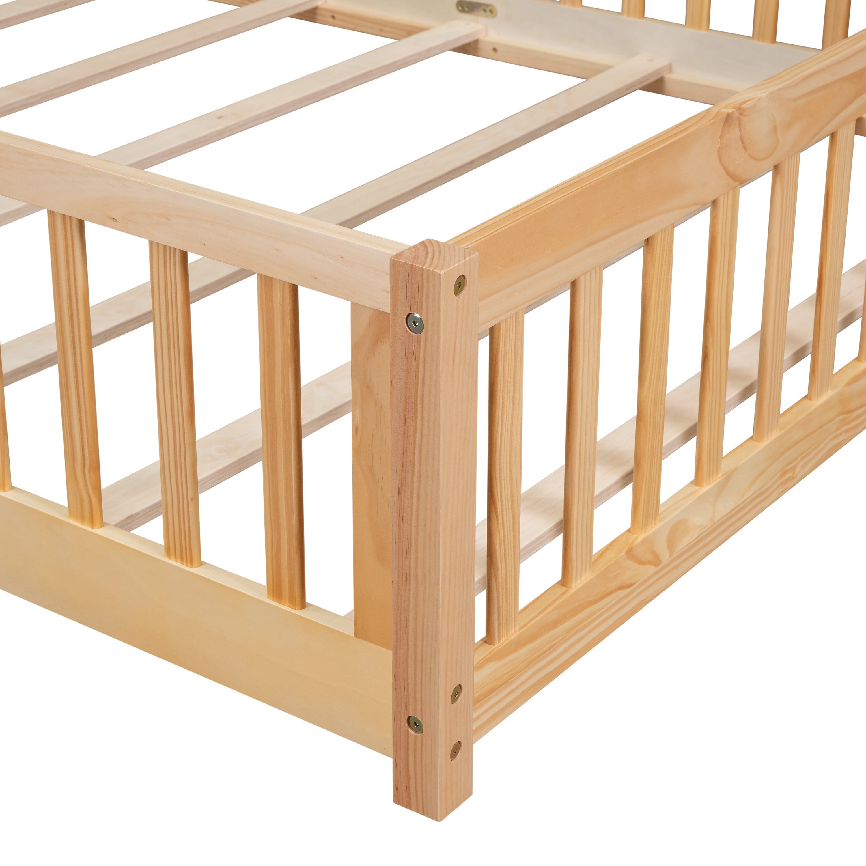 uhomepro Queen Size Wood Floor Bed Frame with Fence and Door for Kids, Toddlers, Natural