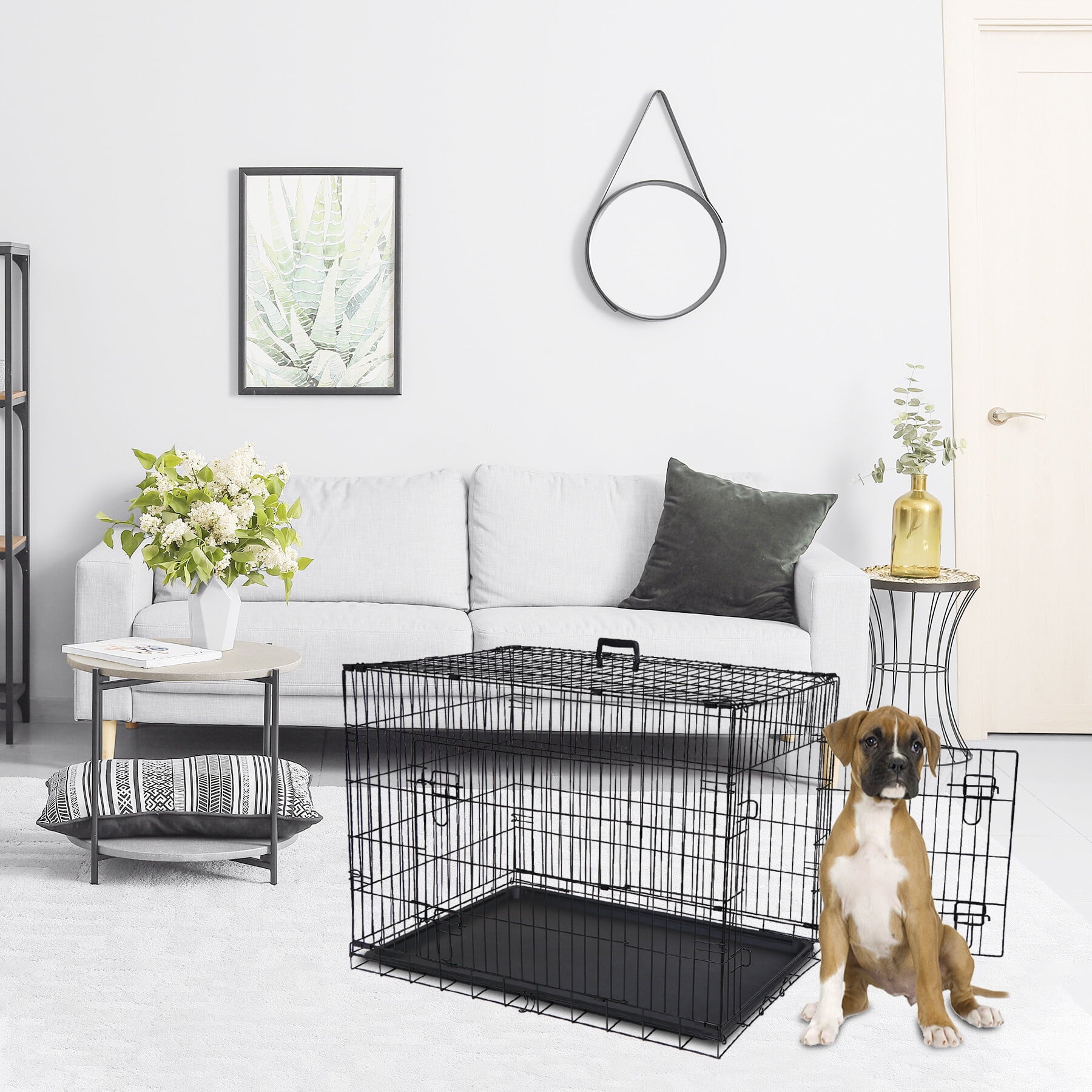 HomGarden 30/36/42’’ Foldable Dog Crate Kennel Double Door Steel Dog Cage， Black