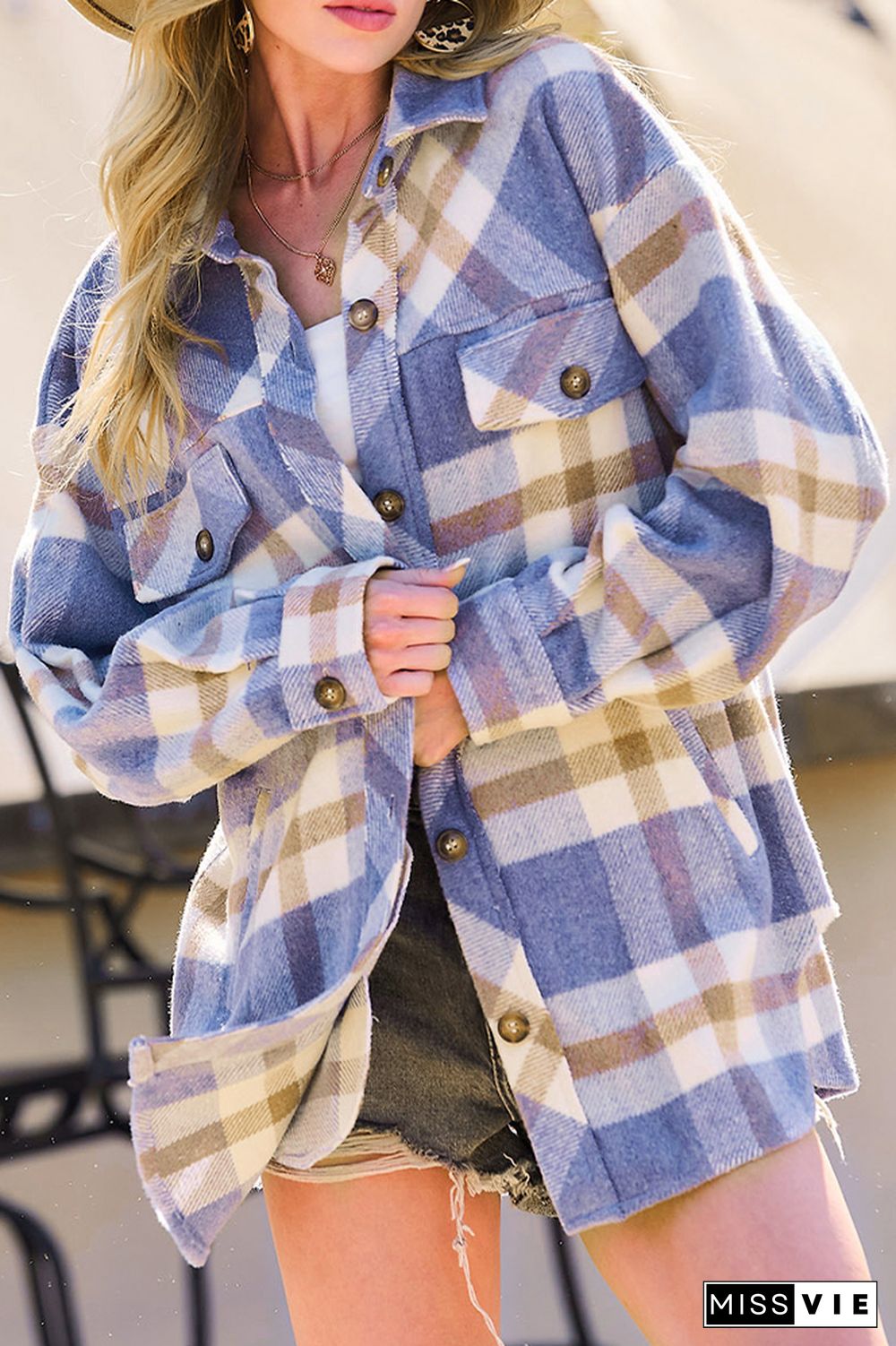 Plaid Lapel Button Up Pockets Shacket Jacket