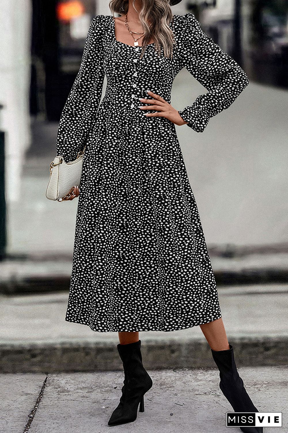 Black Puff Sleeves Printed Ruffle Long Dress