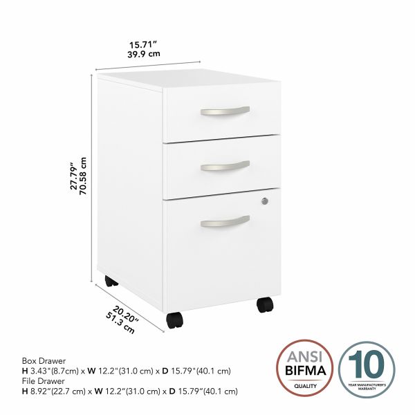 Bush Business Furniture Hybrid 3 Drawer Mobile File Cabinet in White - Assembled