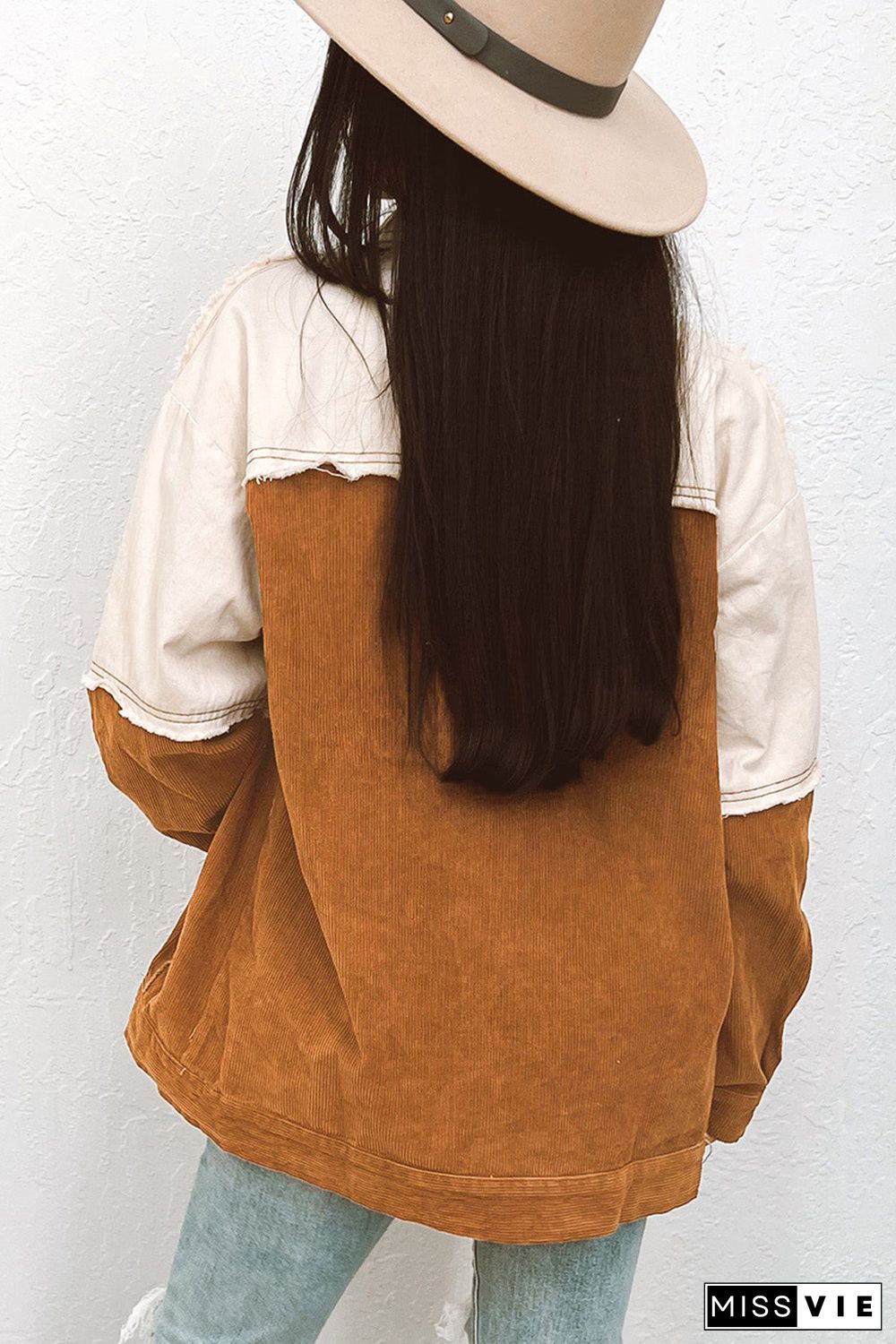 Brown Colorblock Flap Pocket Raw Edge Buttoned Jacket