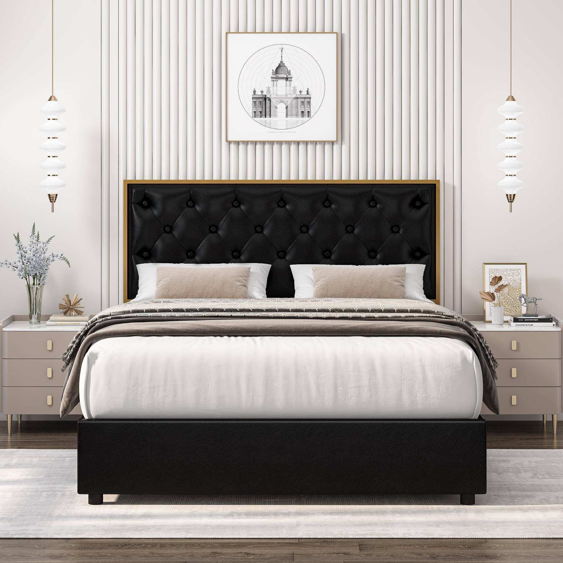 Homfa Full Platform Bed Frame with 4 Storage Drawers, Button PU Leather Upholstered Headboard, No Box Spring Needed, Black