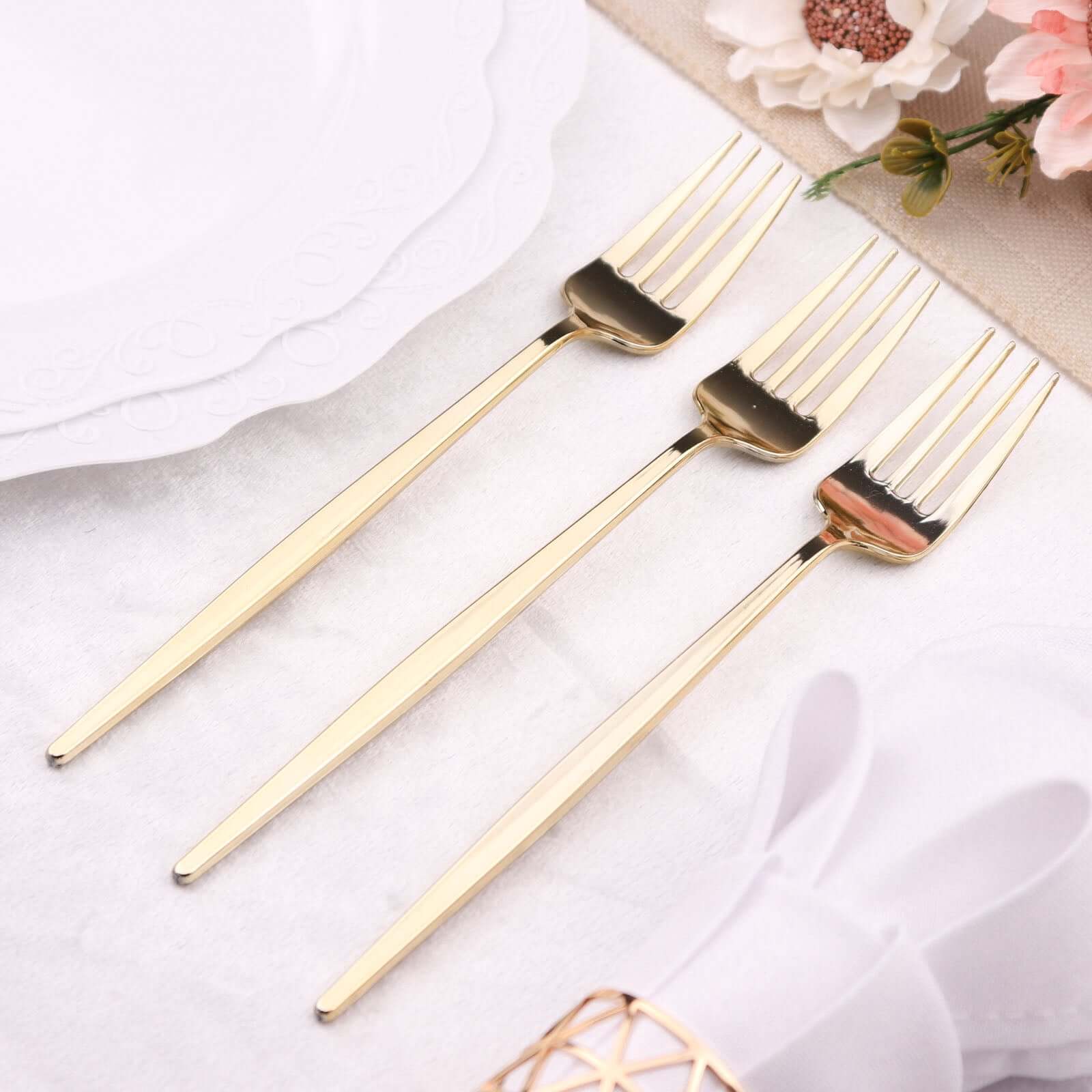 24 Pack Glossy Gold Heavy Duty Plastic Silverware Forks Cutlery, Premium Disposable Sleek Flatware 8