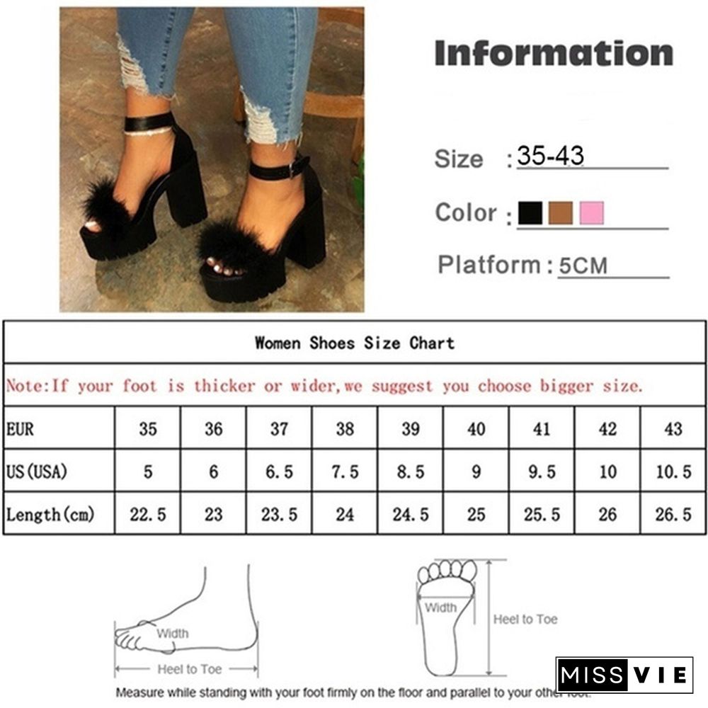 Plus Size 35-43 Spring/summer Women Faux Fur Sandals Open-toe High Heel Platform Buckle Slippers Plush Ladies Banquet Party Sandals