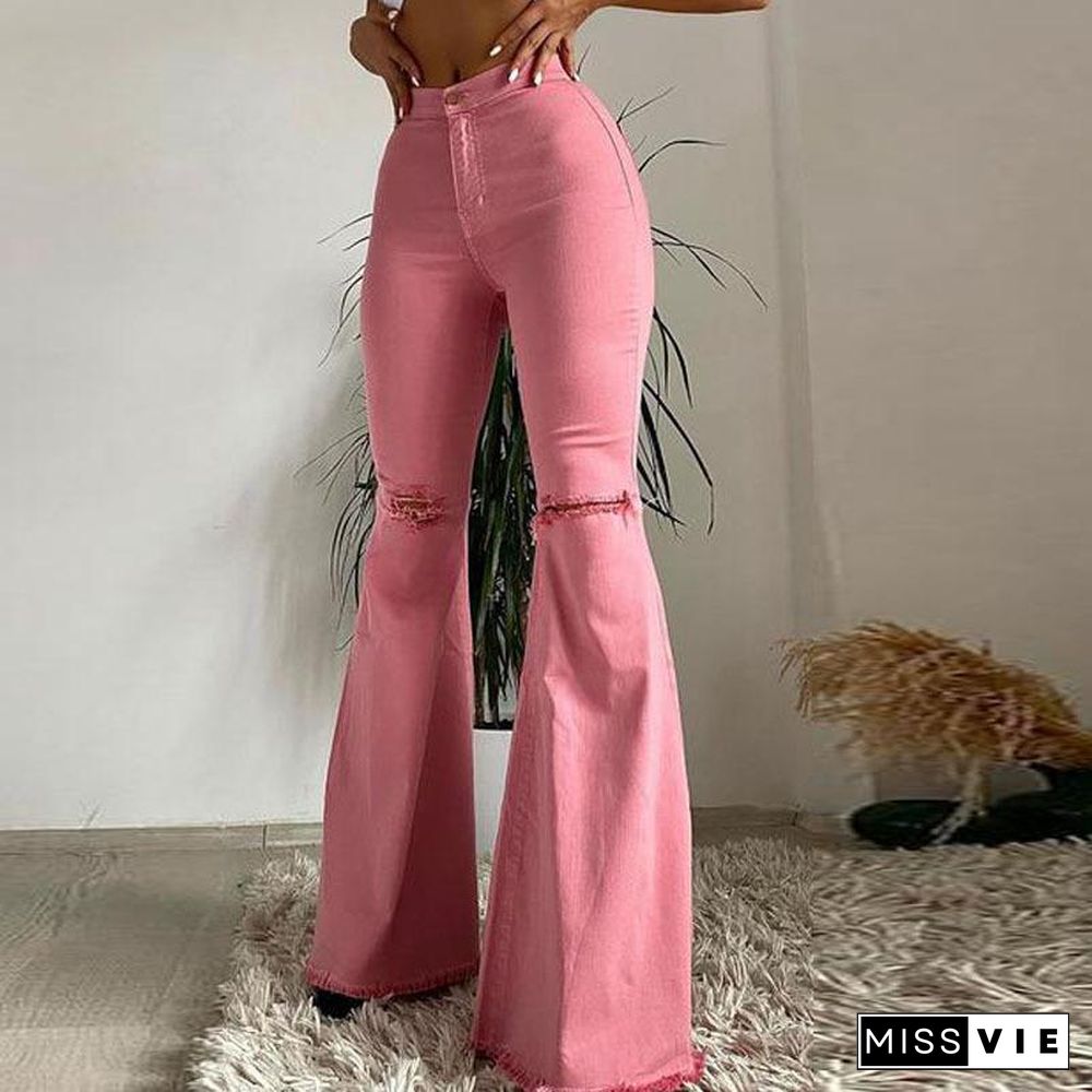 High Waist Plain Hole Elastic Pants