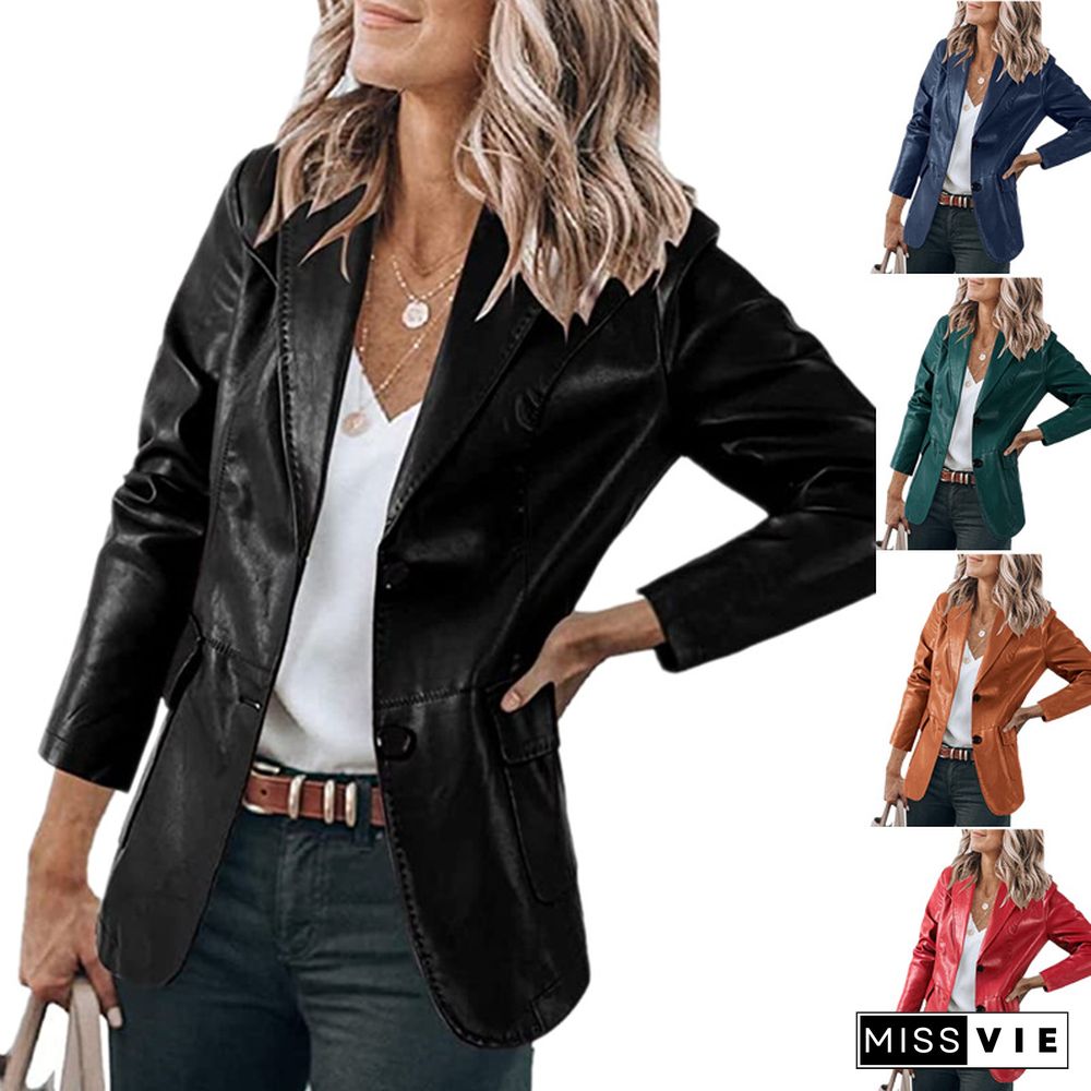 New Winter Jacket Women Temperament Slim Lapel Single-breasted Solid Color PU Leather Jacket Long-sleeved Top Coats