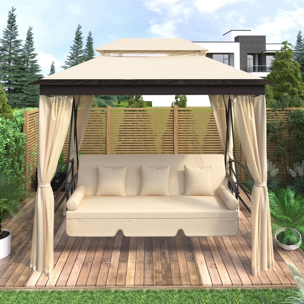 8.9x5.9FT Outdoor Gazebo with Convertible Swing Bench  Double Roof Soft Canopy Garden Backyard Gazebo with Mosquito Netting