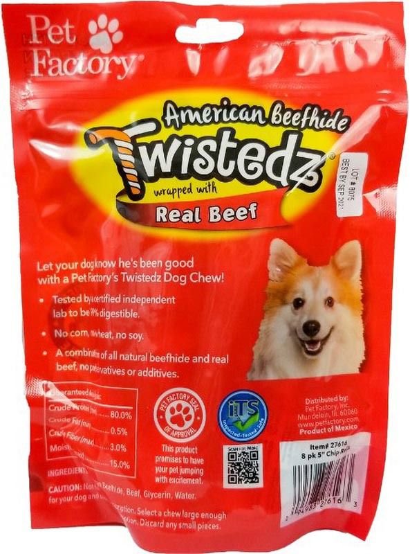 Pet Factory Twistedz 5-inch Beefhide Chip Rolls Beef Flavored Wrap Dog Hard Chews， 8 count