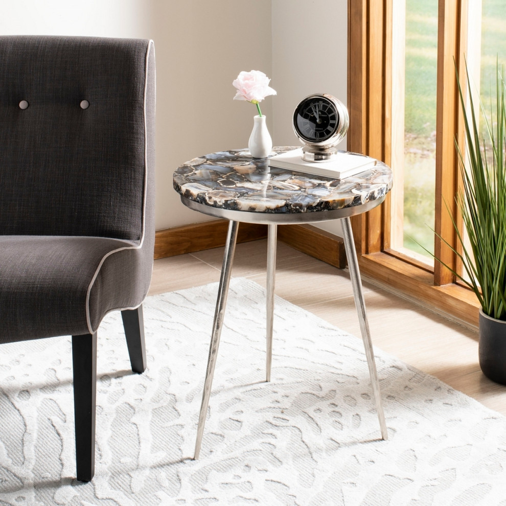 Malien Agate Round Accent Table Nickel/Black   Midcentury   Side Tables And End Tables   by AED Luxury Home Decor  Houzz