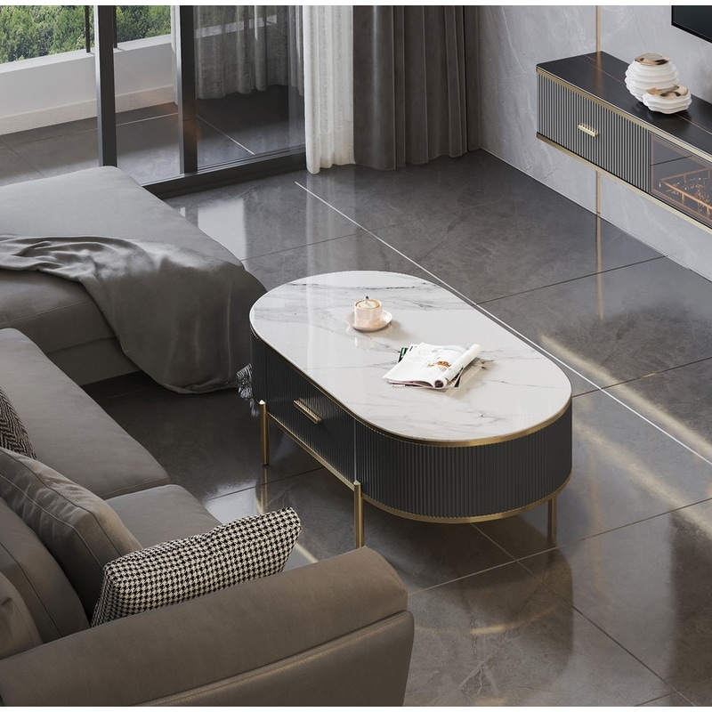 Modern White/Dark Gray Coffee Table Sintered Stone Top With Drawer and Gold Metal Legs