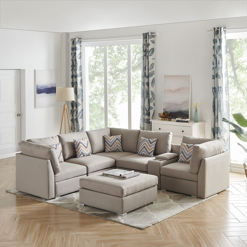 Amira Beige Fabric Reversible Sectional Sofa With Usb Console and Ottoman   Contemporary   Sectional Sofas   by Timeout PRO  Houzz