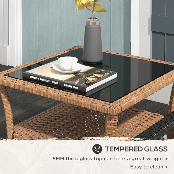 Rattan Side Table，Outdoor End Table with Storage Shelf，Aluminum Frame Square，Coffee Table with Tempered Glass Top