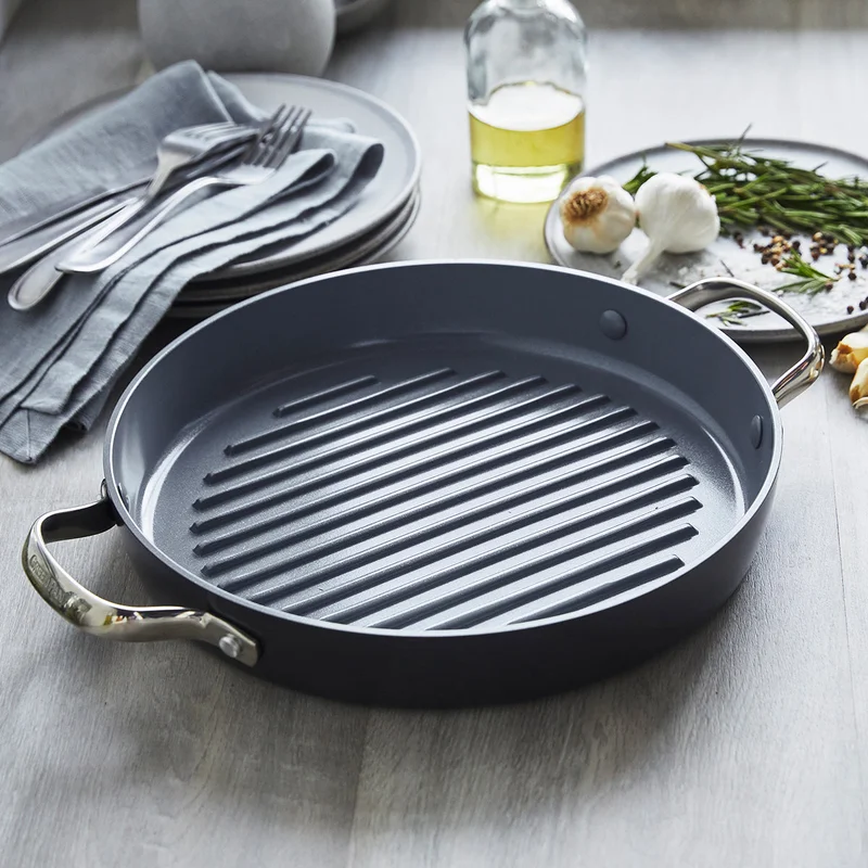 GreenPan Valencia Pro Hard Anodized Healthy Ceramic Nonstick 11 Grill Pan， PFAS-Free， Induction， Dishwasher Safe， Oven Safe， Gray