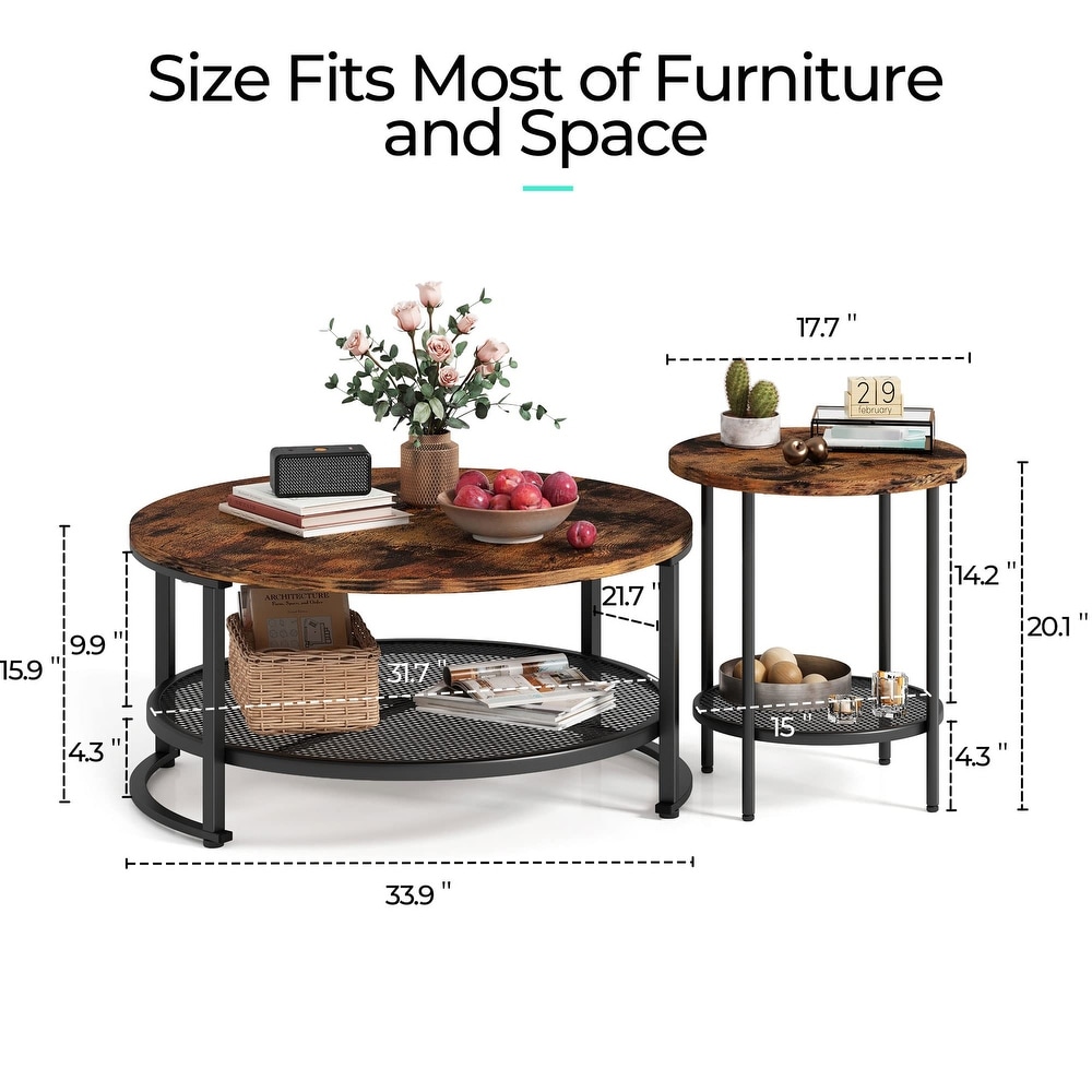 Round Coffee Table and End Table Set for Living Room  Industrial Coffee Table with Open Storage