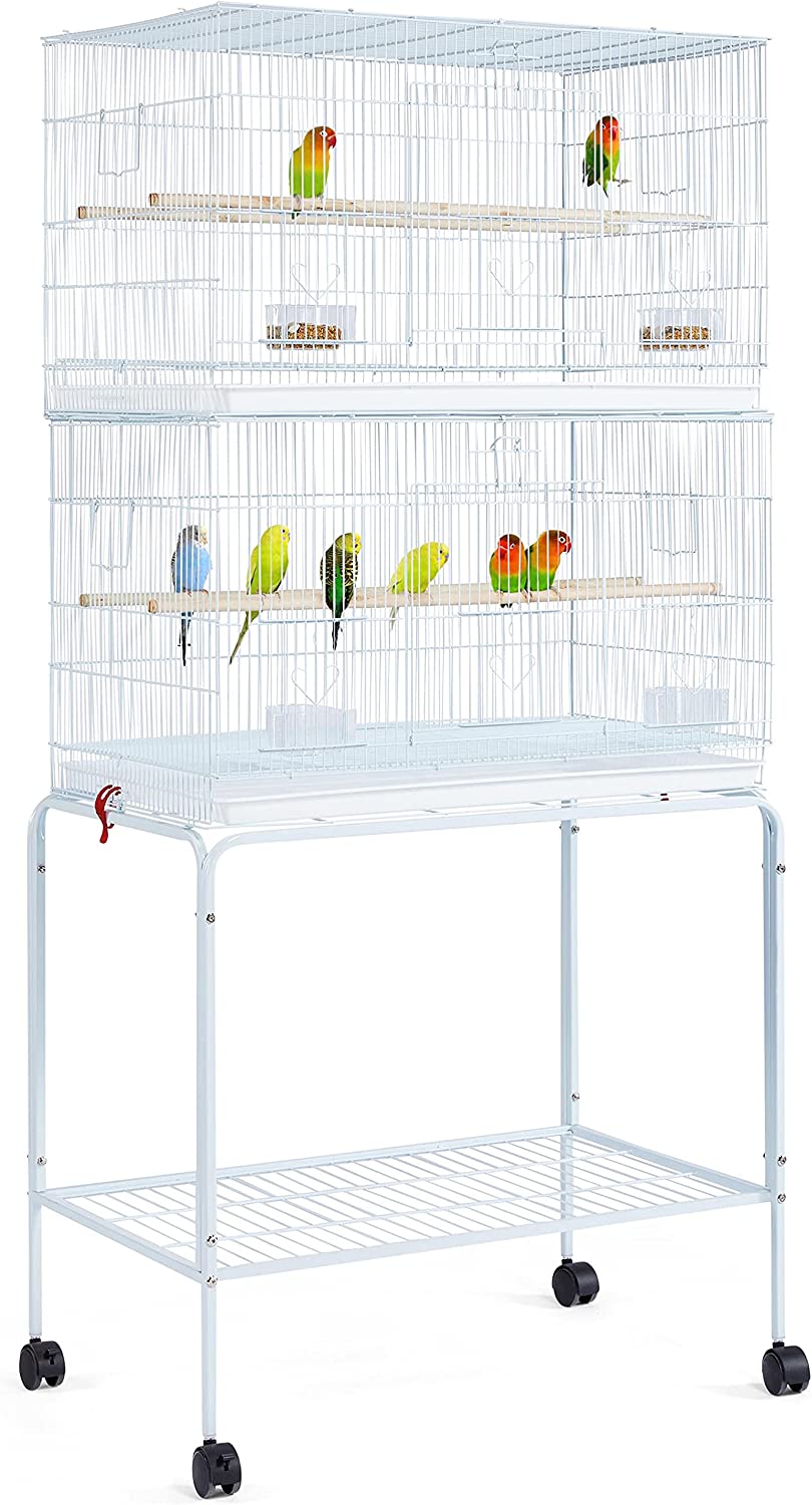 2-Pack Flight Bird Cages for Parrots Budgies Parakeets Cockatiels Conures Budgies Finches Lovebirds Canaries Breeding Birdcage with Detachable Rolling Stand， White