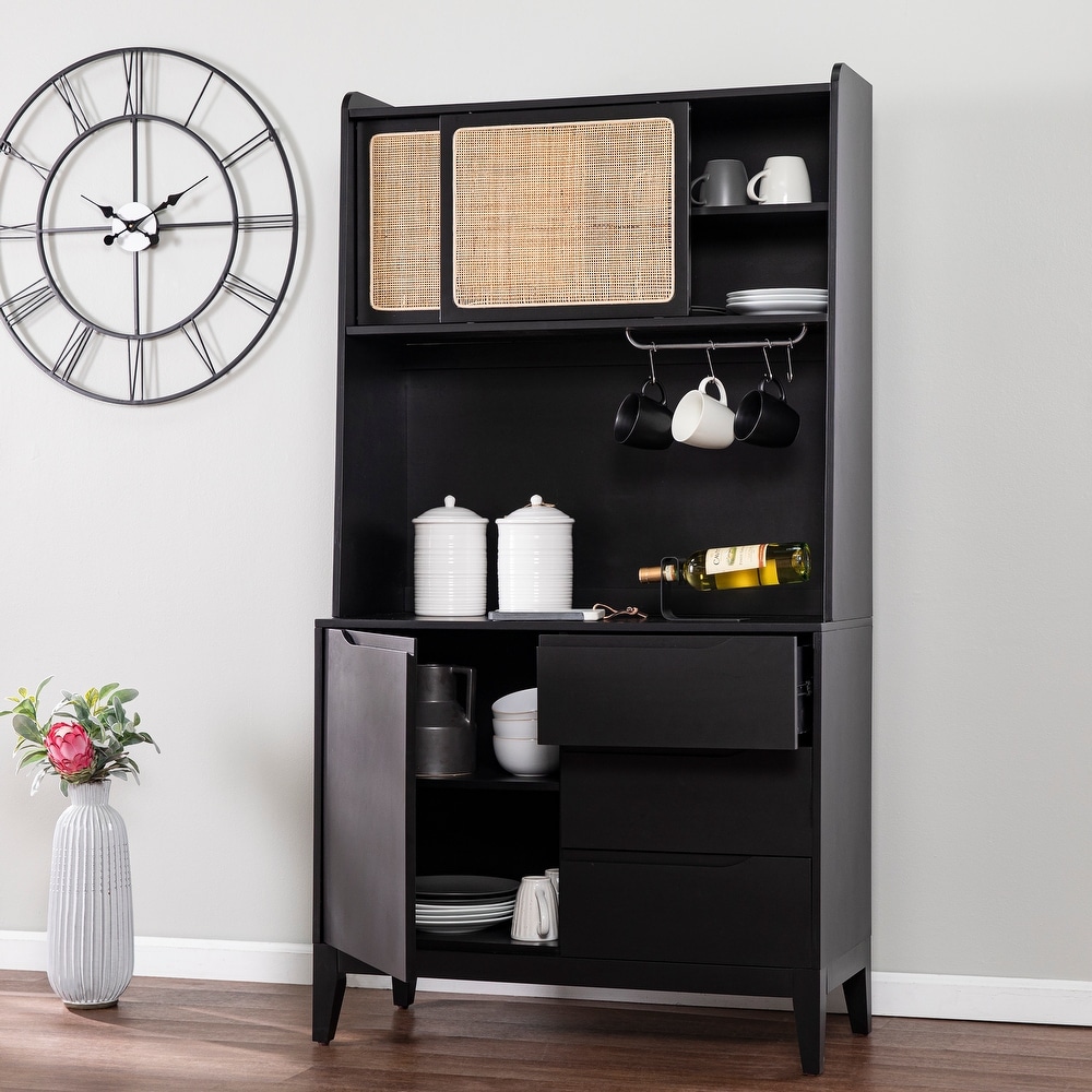 SEI Furniture Transitional Black Wood Rattan Storage Buffet Cabinet