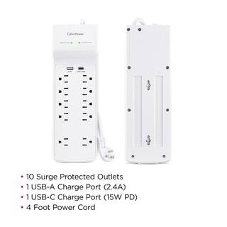 CyberPower 10-Outlet Surge Protector with USB and 4 ft. cord White P1004UC