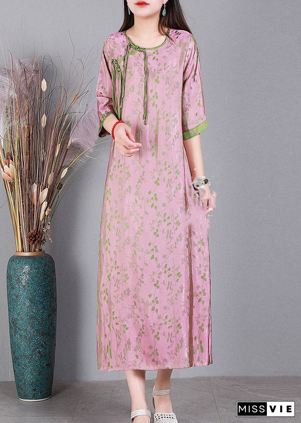 Jacquard Pink O-Neck Print Button Silk Long Dress Half Sleeve