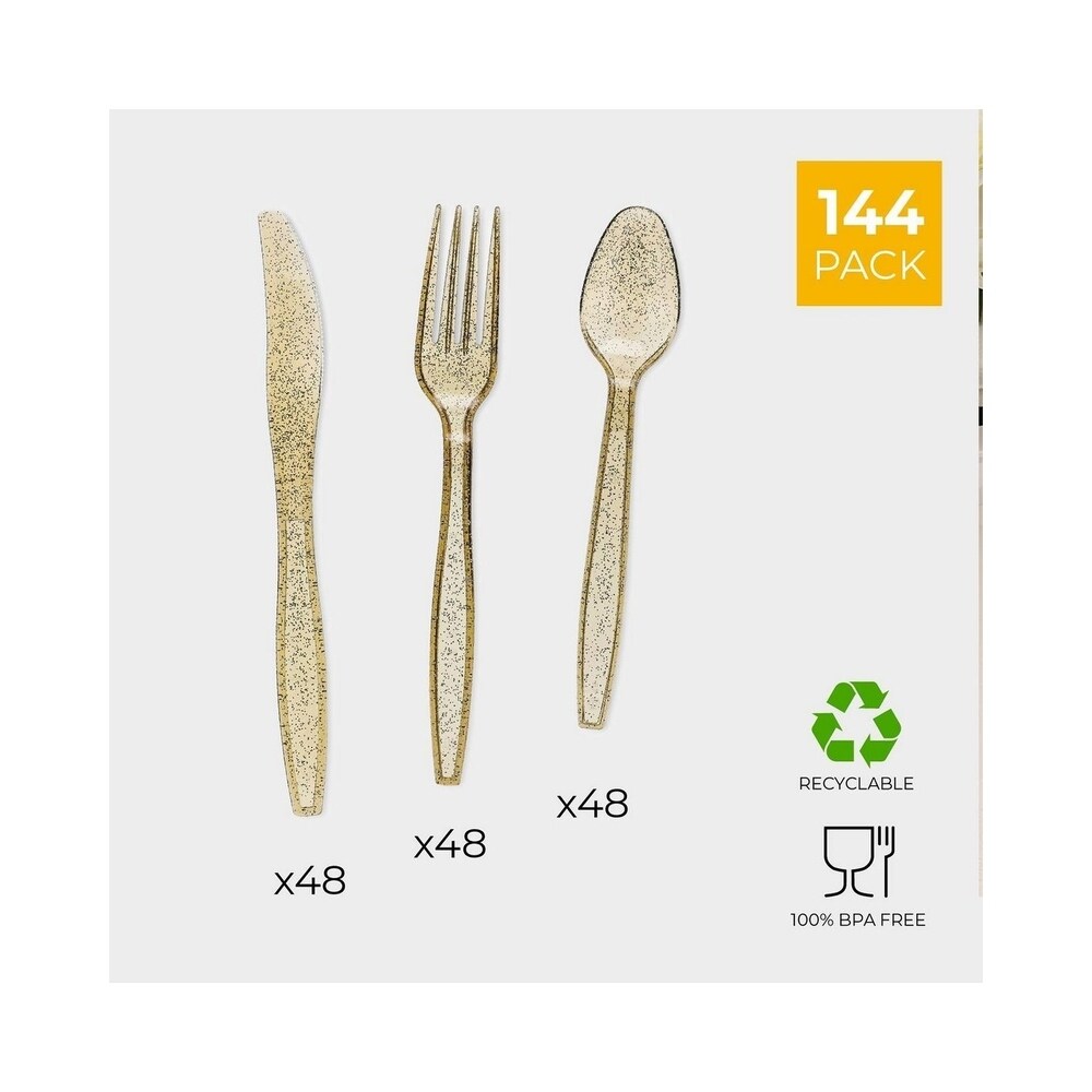 Juvale 144 Pack Gold Glitter Silverware Set   Disposable Party Cutlery Utensils