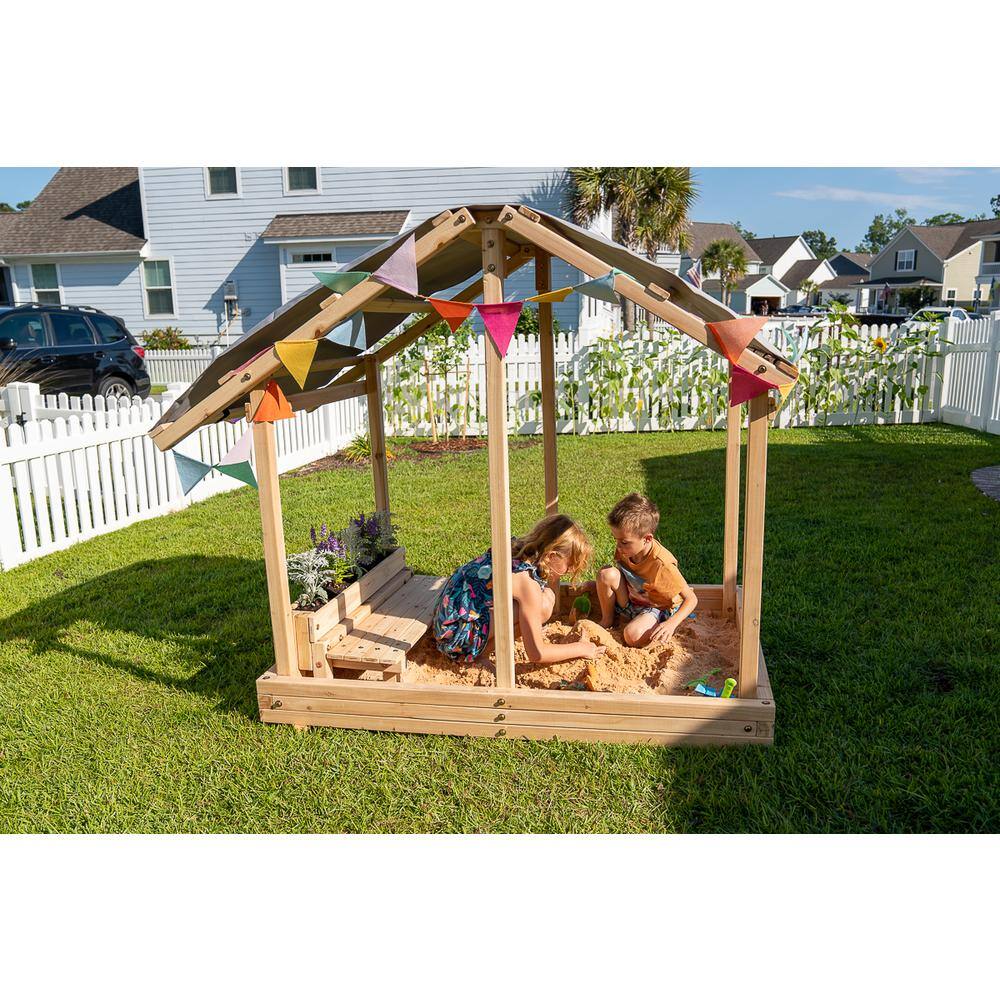 Funphix Dig n' Play Outdoor Wooden Sandbox Playhouse with Bench and Flower Planter Sand Pit for Kids WPHX-2204