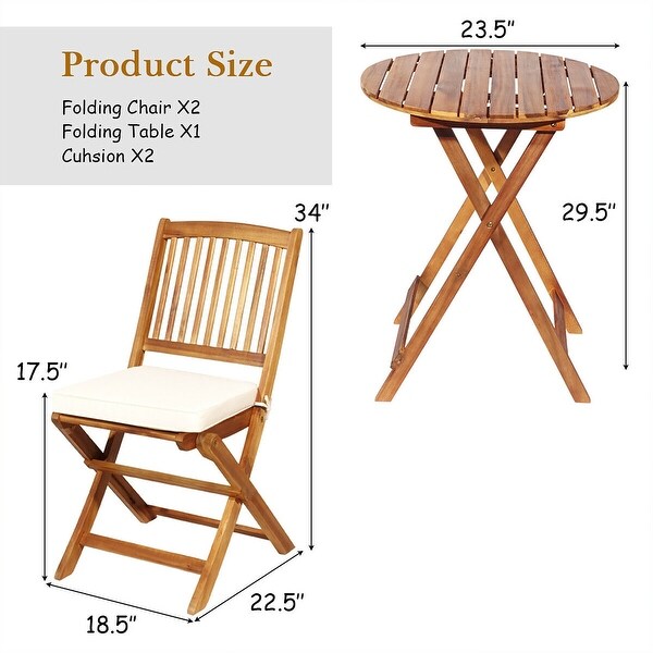 Costway 3PCS Patio Folding Wooden Bistro Set Cushioned Chair