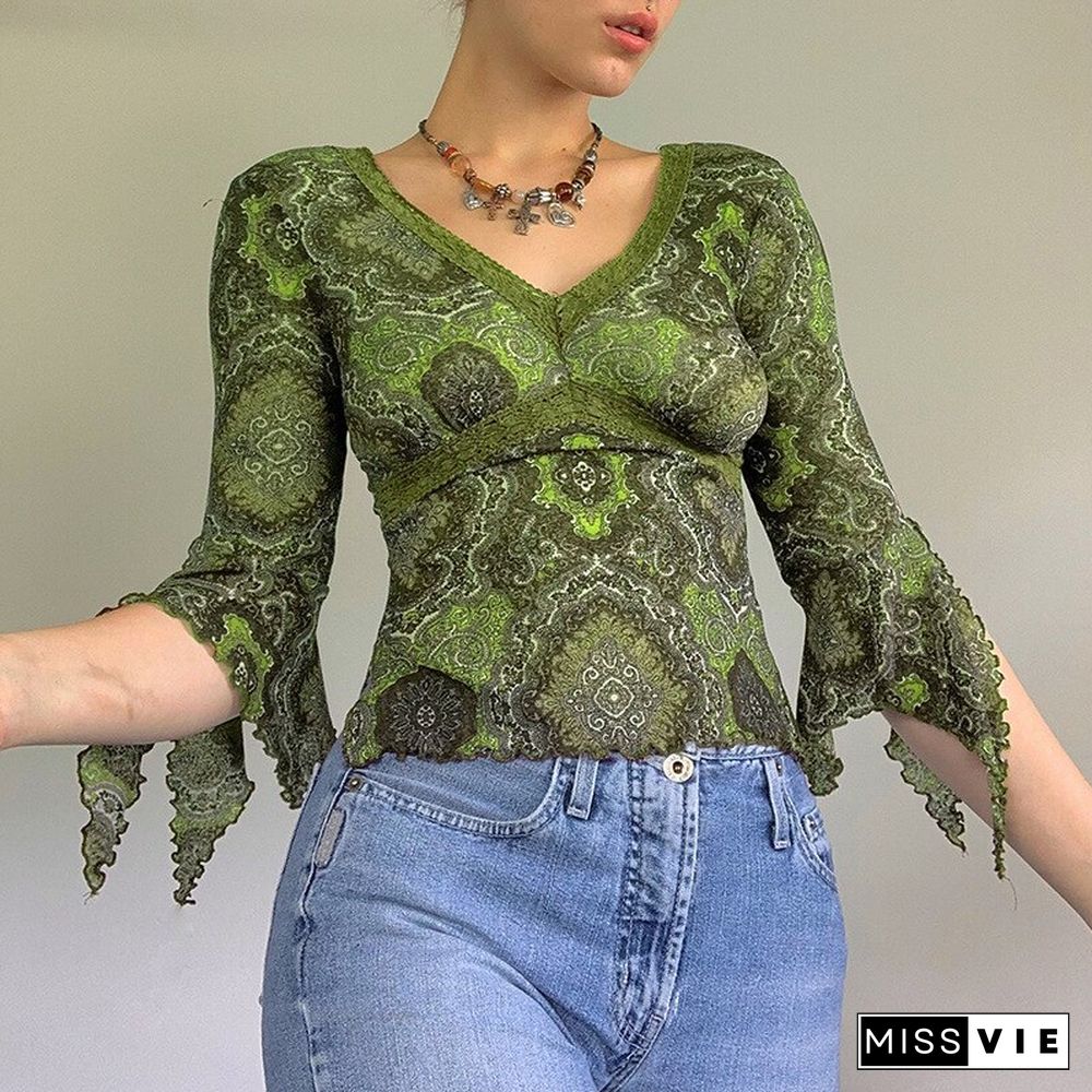 Autumn Lace Floral Mesh Tops Women Vintage Half Flare Sleeve V Neck T-Shirts Female Elegant Slim Brown Tee Shirts Mujer