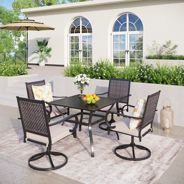 MAISON ARTS 5/7piece Patio Dining Set，4/6 Rattan Swivel Chairs with Cushion and 1 Metal Table with Umbrella Hole