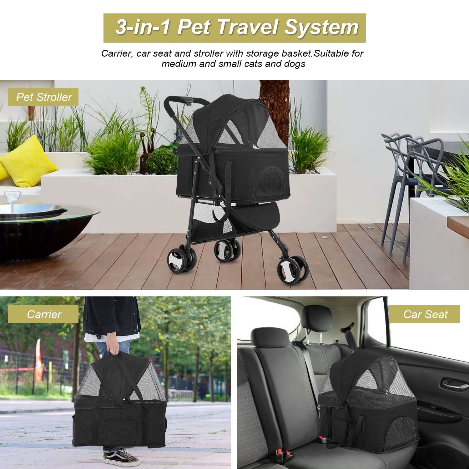 BestPet Pet Stroller Cat Dog Cage Stroller Travel Folding Carrier (Black， Upgraded-3 Wheels)