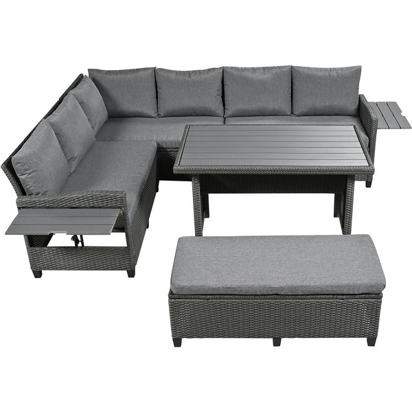 5piece Patio Rattan Sofa Furniture Set Garden Lshaped Wicker Couch Outdoor Conversation Set with 2 Extendable Side Tables